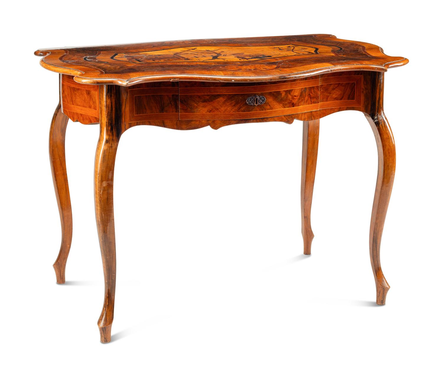 A Continental Walnut and Marquetry Table