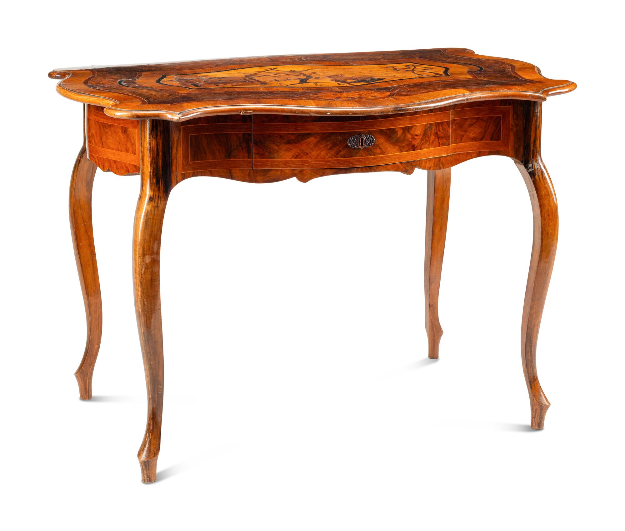 A Continental Walnut and Marquetry Table