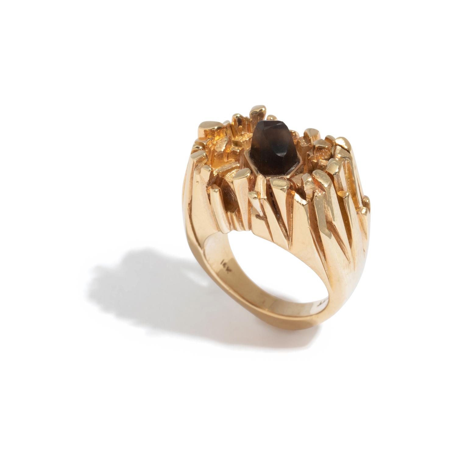 BARRY MERRITT, YELLOW GOLD AND SMOKEY QUARTZ RING