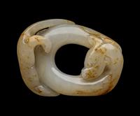 A Chinese Russet and White Jade 'Chilong' Bi- Form Pendant