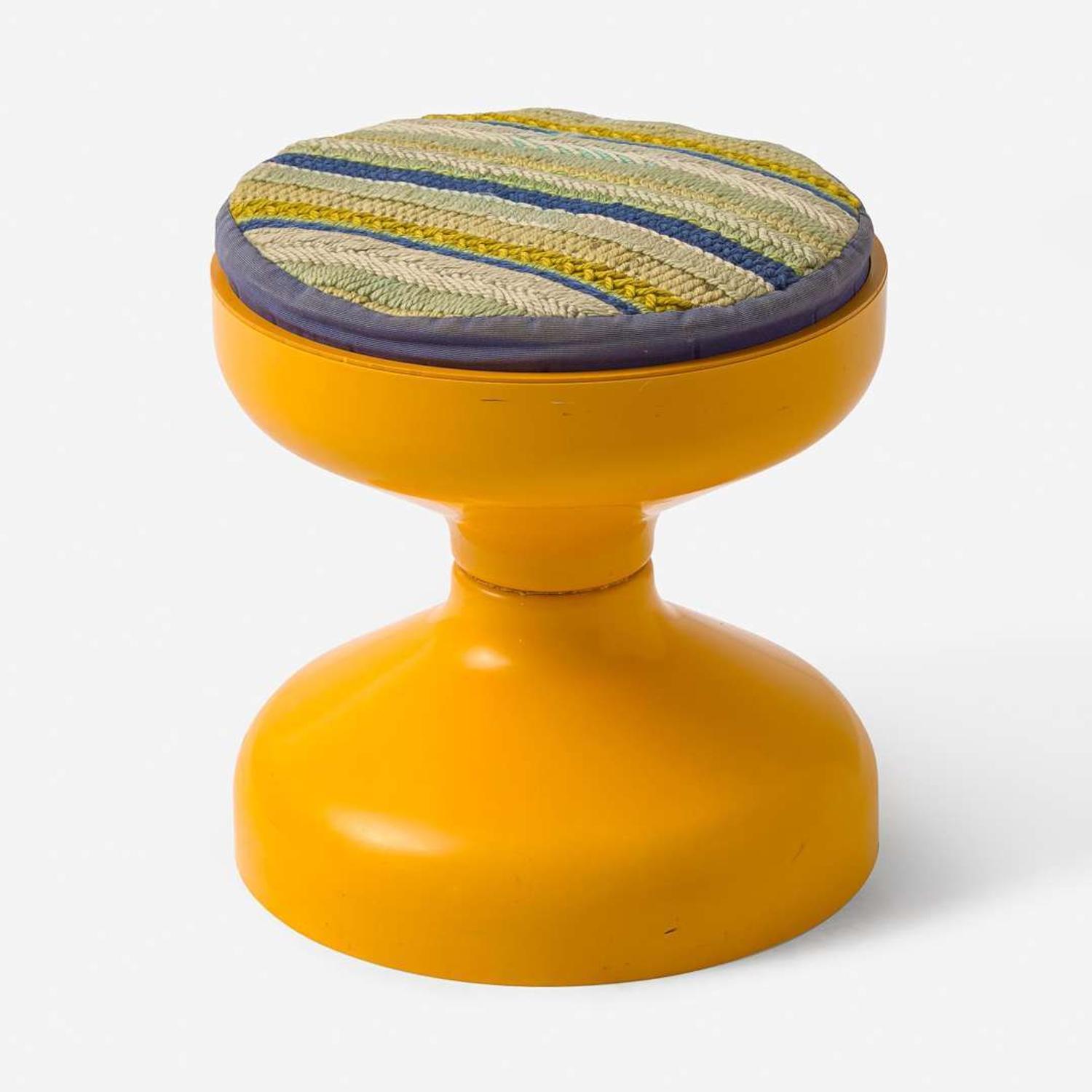 Erica Wilson (American, 1928-2011), Achille Castiglioni (Italian 1918-2002), and Pier Giacomo Castiglioni (Italian, 1913-1968) "Rocchetto" Kartell Stool with Erica Wilson Embroidered Cushion, Italy and USA, circa 1970