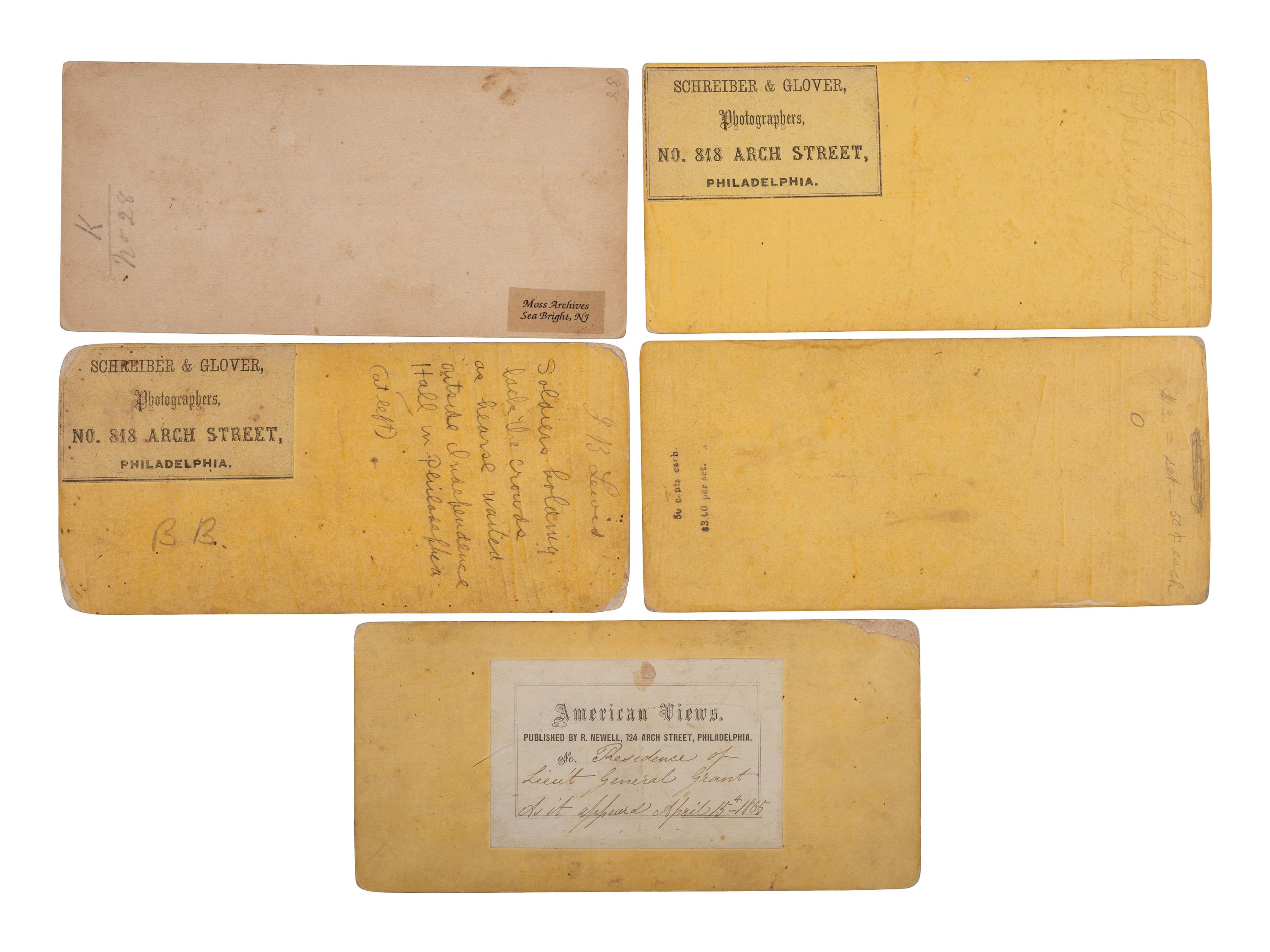 [LINCOLN FUNERAL]. A group of 5 stereoviews documenting the procession and buildings draped in mourning, Philadelphia.