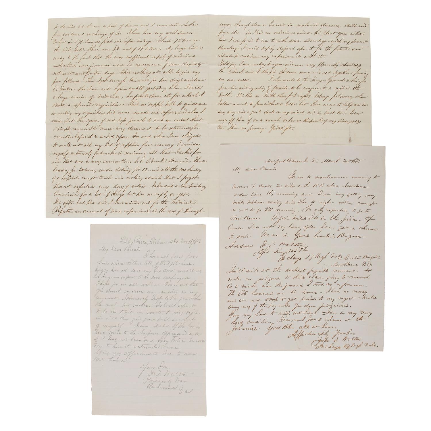 [CIVIL WAR]. War-date letters of Surgeon John T. Walton (1830-1892), 103rd and 78th Pennsylvania Infantry, POW Libby Prison and Andersonville.