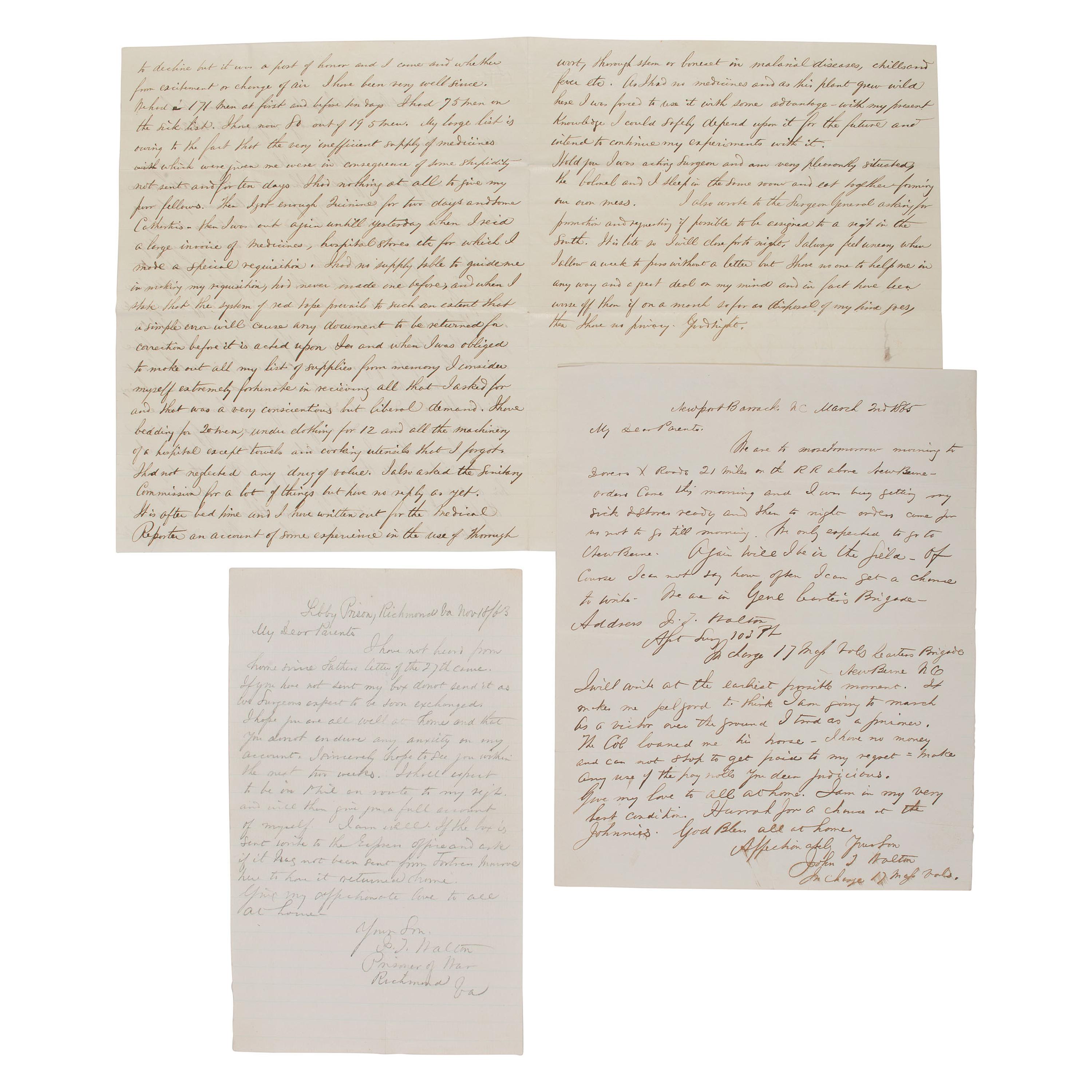 [CIVIL WAR]. War-date letters of Surgeon John T. Walton (1830-1892), 103rd and 78th Pennsylvania Infantry, POW Libby Prison and Andersonville.