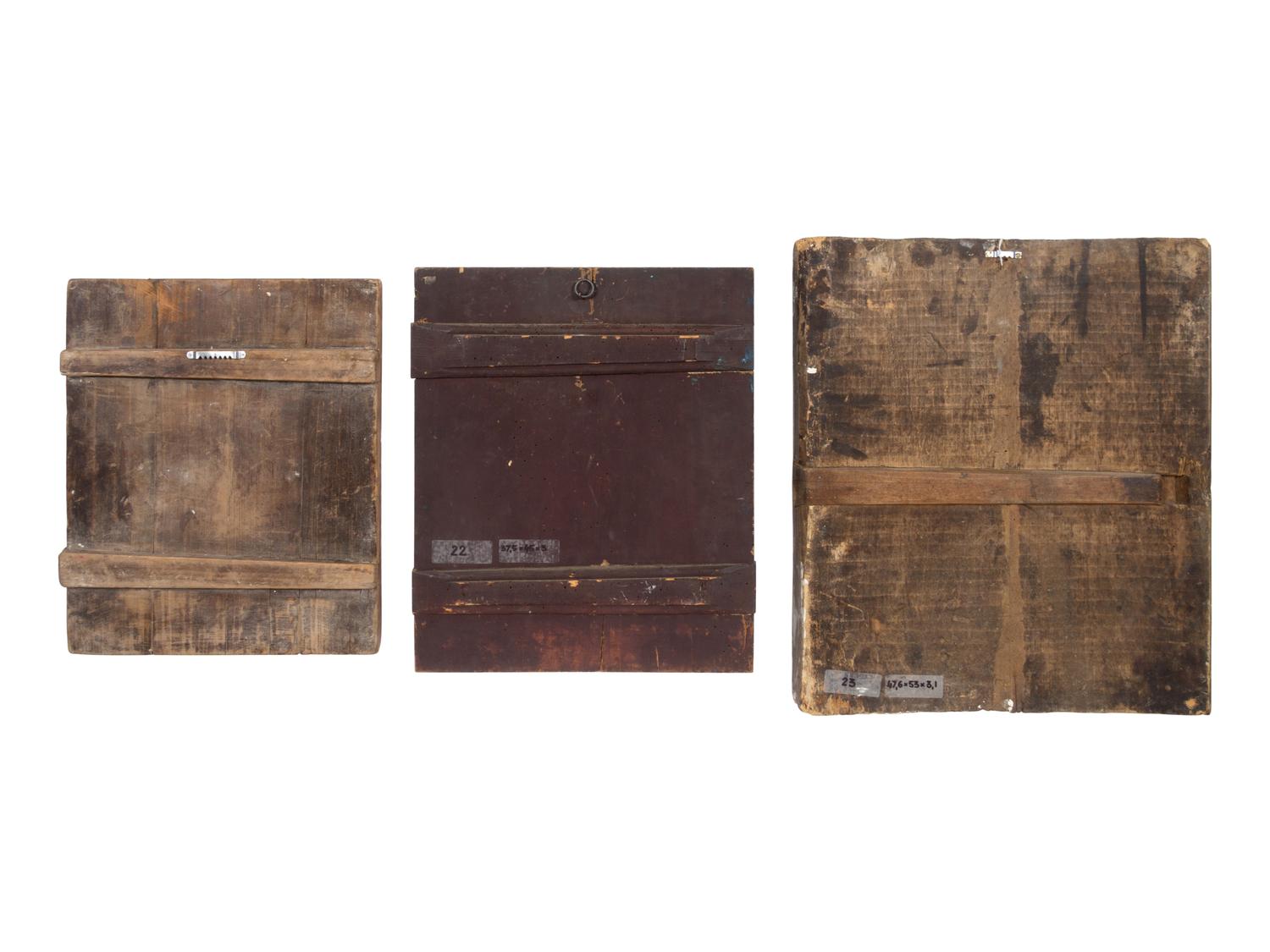 Three Russian Painted Wood Icon Panels