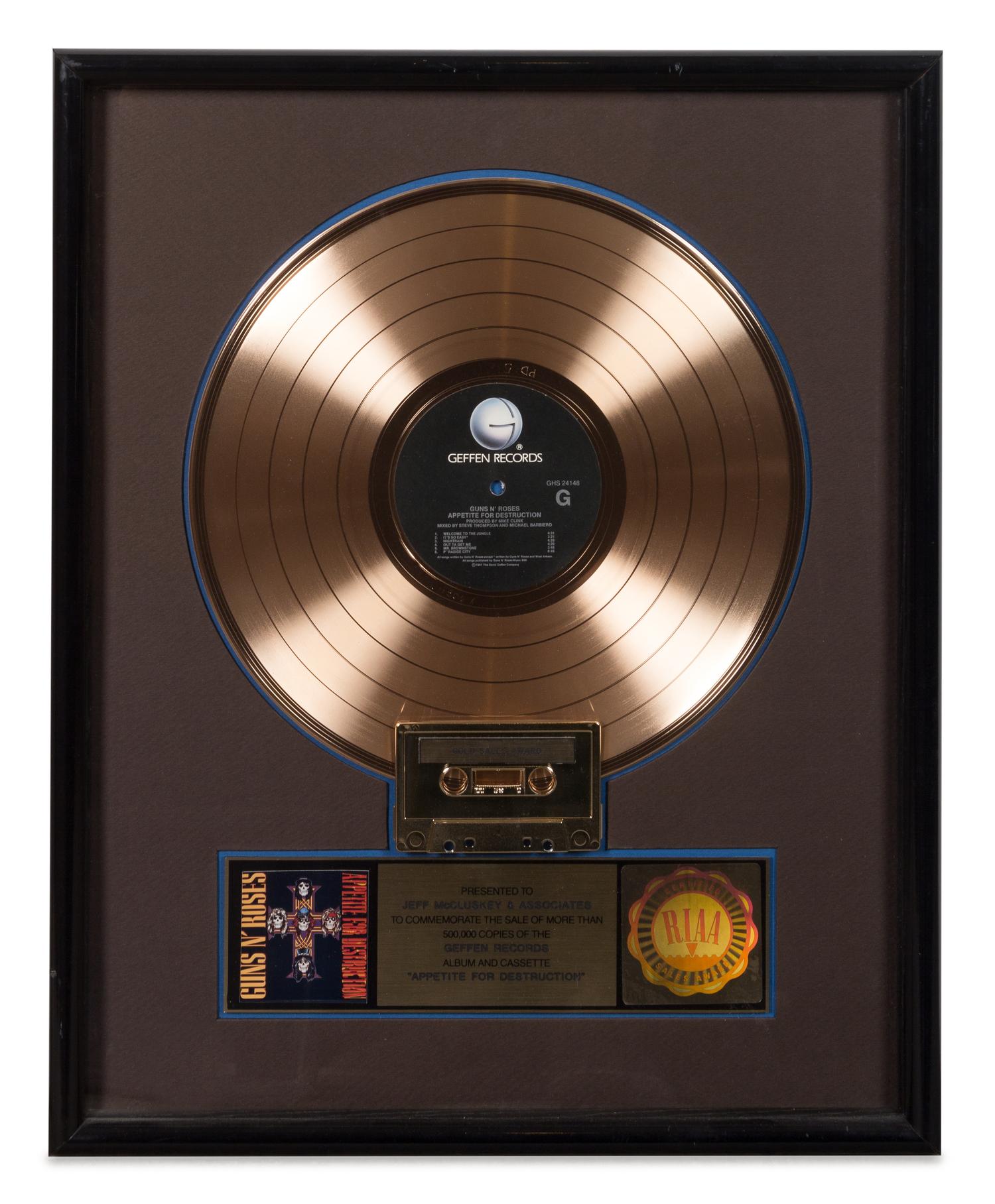 A Guns & Roses: Appetite for Destruction RIAA Certified Gold Presentation Album 21 x 17 inches.