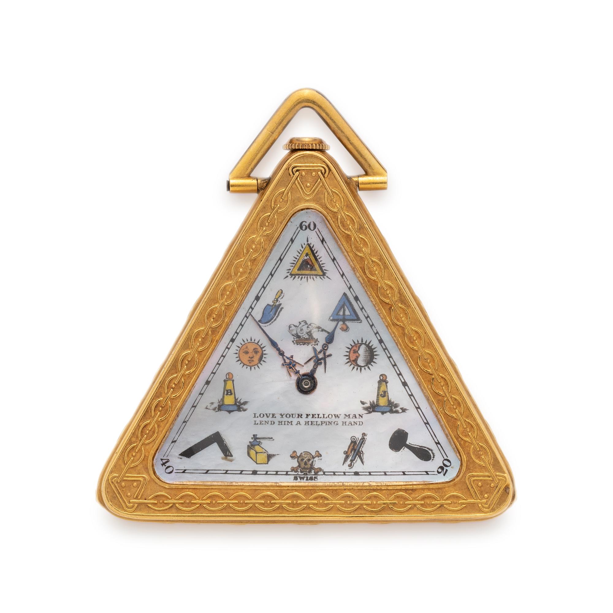 YELLOW GOLD MASONIC OPEN FACE POCKET WATCH AND FOB