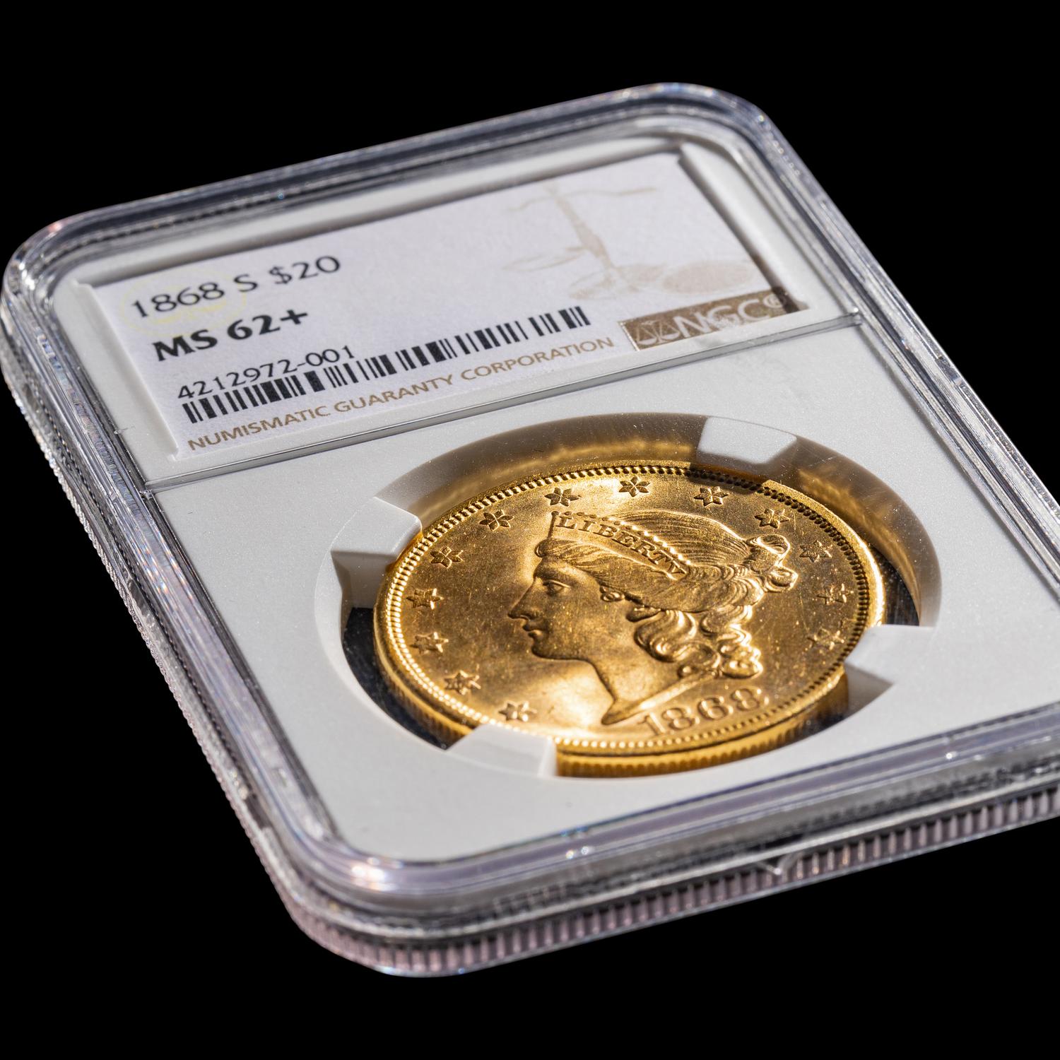 An 1868-S Liberty Head $20 Gold Coin [NGC MS62+]