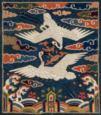 Five Korean Embroidered Silk 'Crane' Civil Official Rank Badges, Joseon Dynasty, 19th Century — 朝鮮王朝 文官鶴紋補子五件