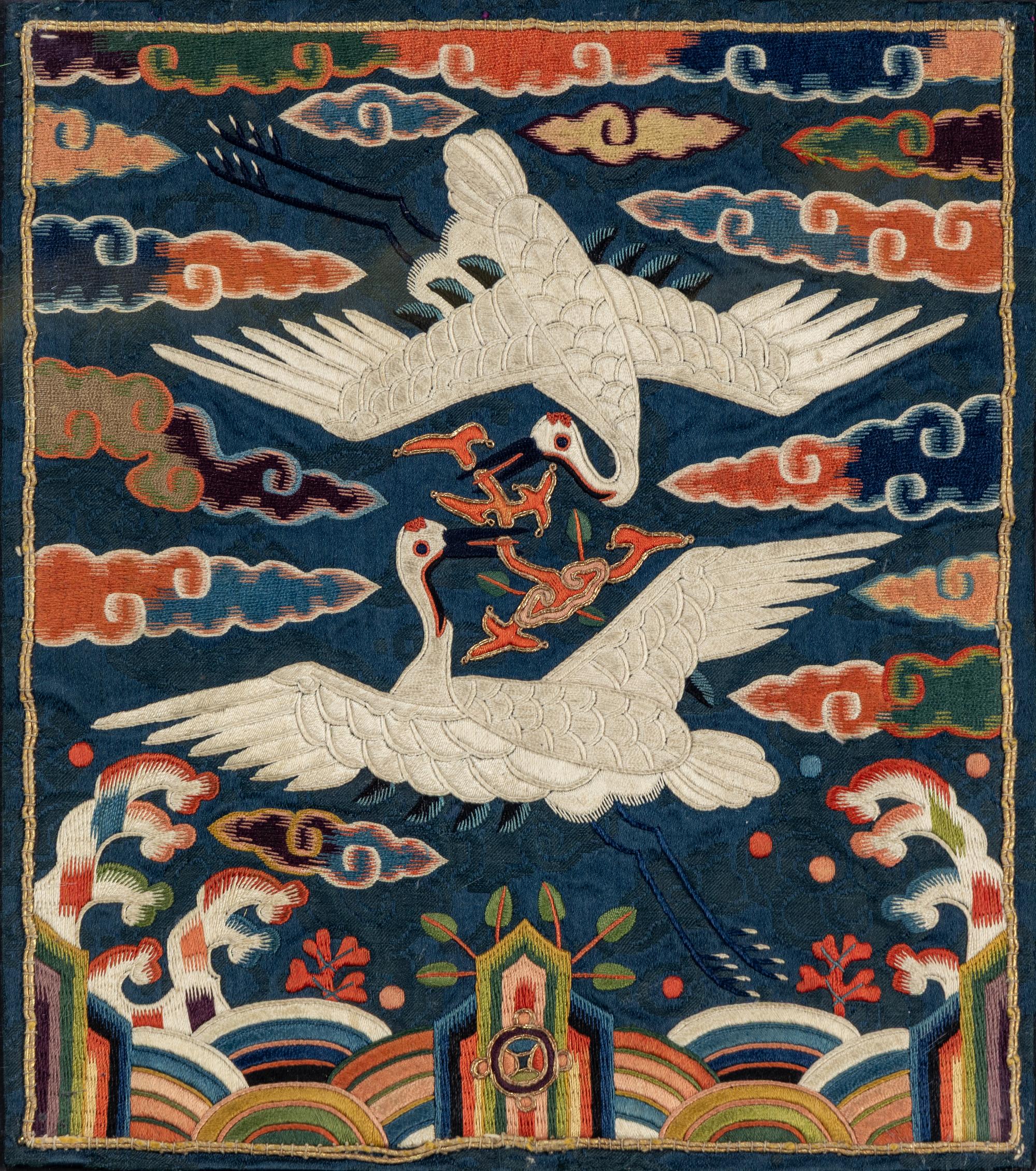 Five Korean Embroidered Silk 'Crane' Civil Official Rank Badges, Joseon Dynasty, 19th Century — 朝鮮王朝 文官鶴紋補子五件