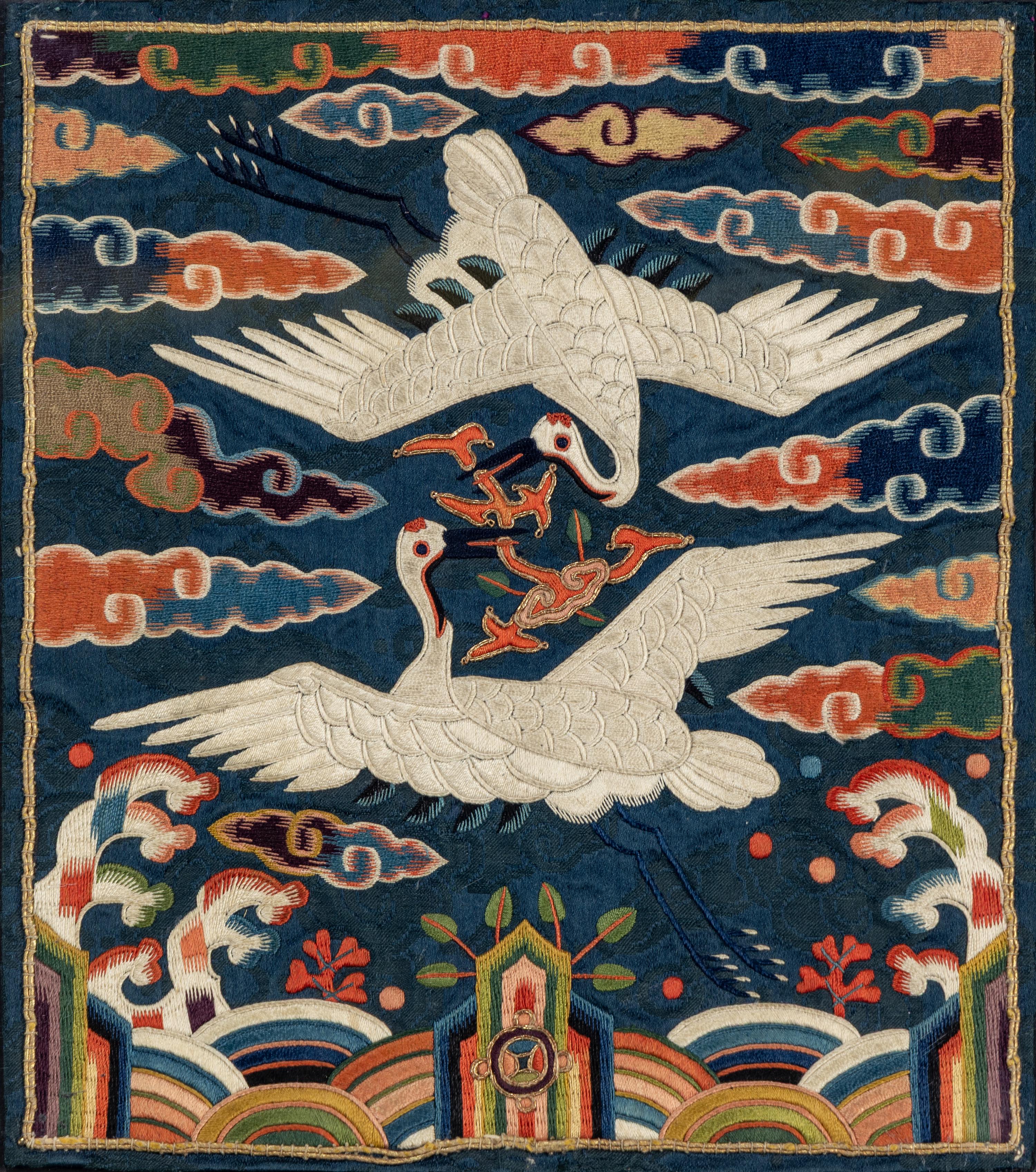 Five Korean Embroidered Silk 'Crane' Civil Official Rank Badges, Joseon Dynasty, 19th Century