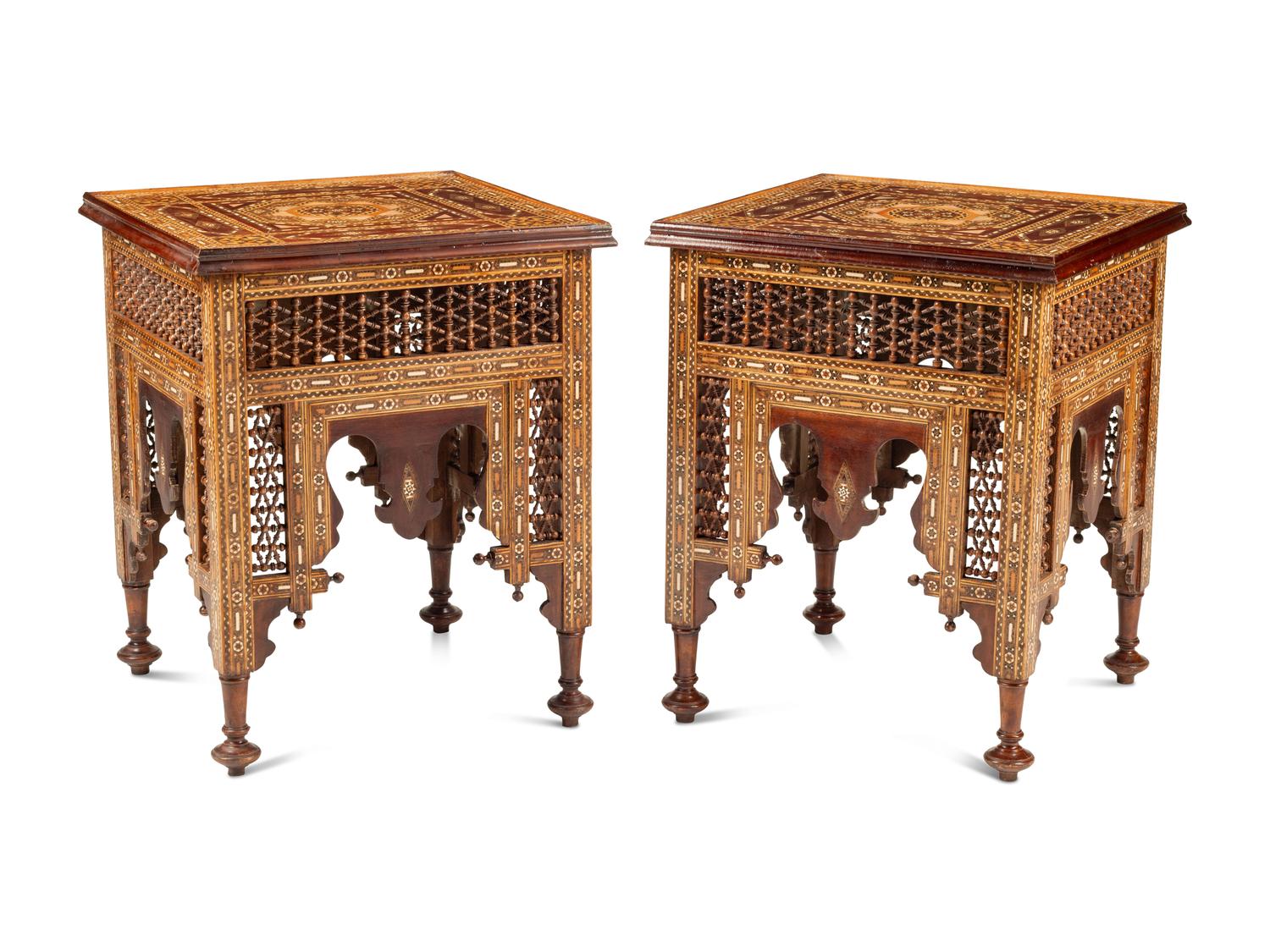 A Pair of Levantine Marquetry and Abalone-Inlaid Side Tables