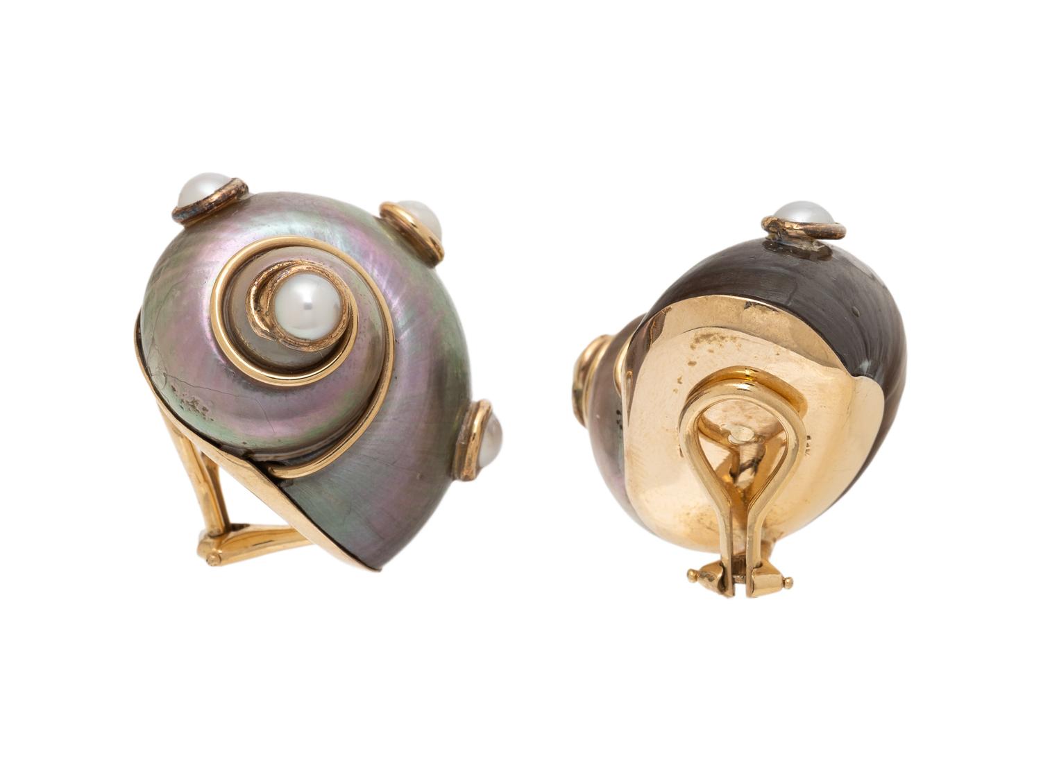 MAZ, SHELL, MABÉ PEARL, AND YELLOW GOLD EARRINGS