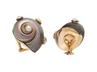 MAZ, SHELL, MABÉ PEARL, AND YELLOW GOLD EARRINGS