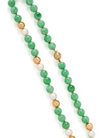 JADE, CULTURED PEARL AND DIAMOND NECKLACE