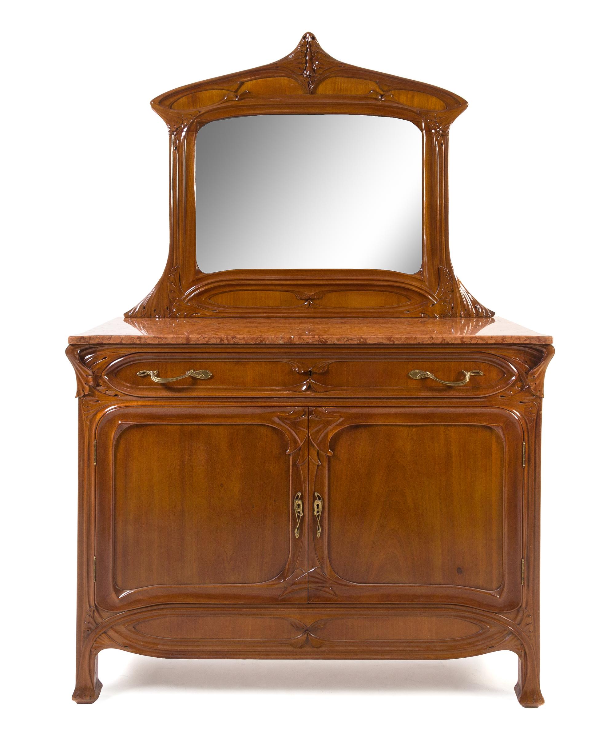 Louis Majorelle, (French, 1859-1926), a bedroom set, comprising an armoire separated into two individual display cabinets, two twin hea