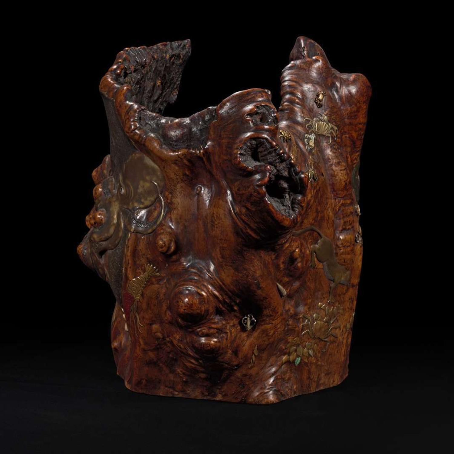 An unusual and large Japanese embellished rootwood hibachi 日本百宝镶嵌根雕 Meiji period ??