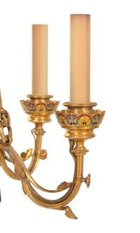 A Bohemian Champlevé Enamel, Gilt Bronze and Ruby Glass Six-Light Chandelier