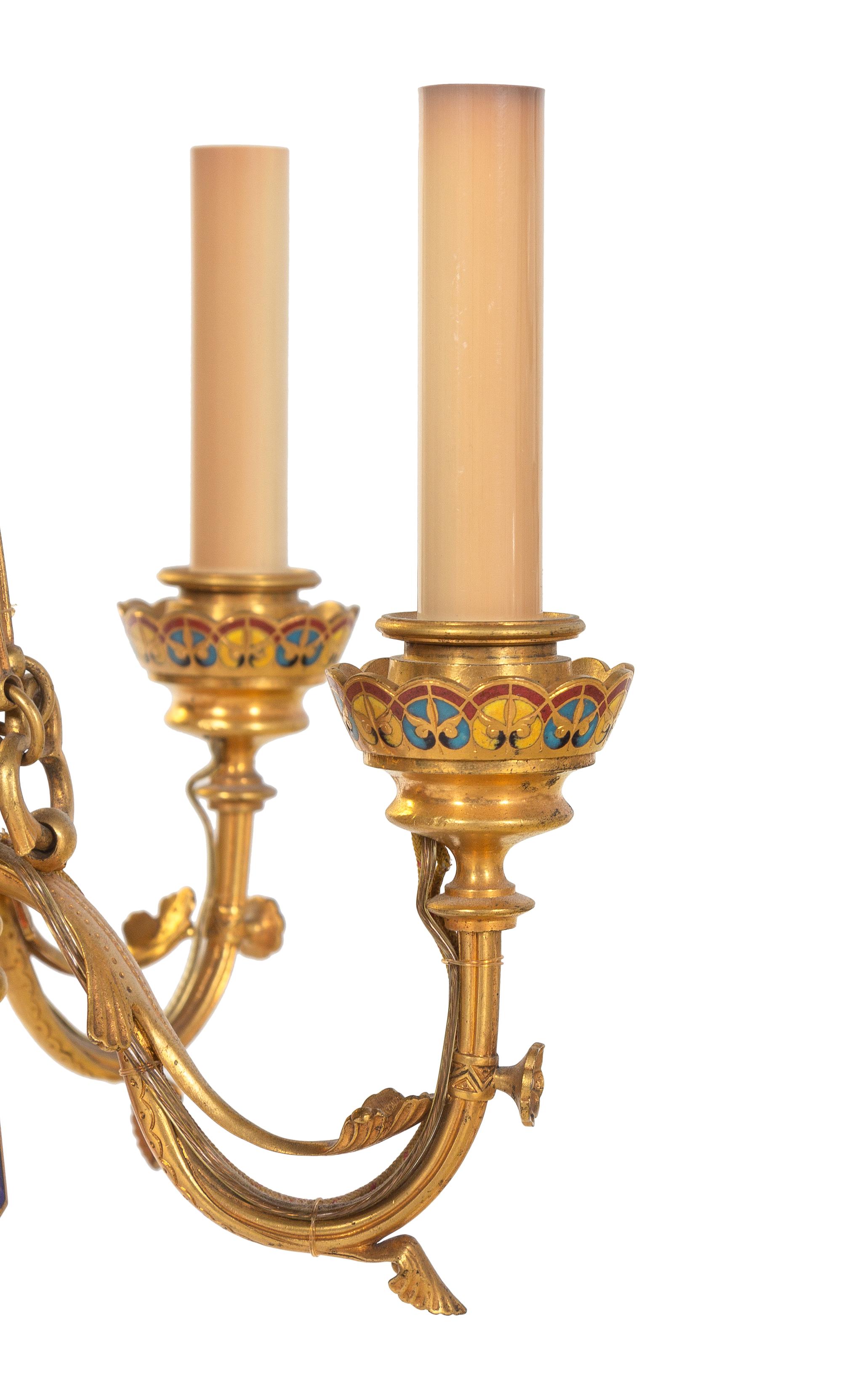 A Bohemian Champlevé Enamel, Gilt Bronze and Ruby Glass Six-Light Chandelier