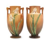 A Pair of Roseville Iris Pottery Vases Height 12 1/4 inches.