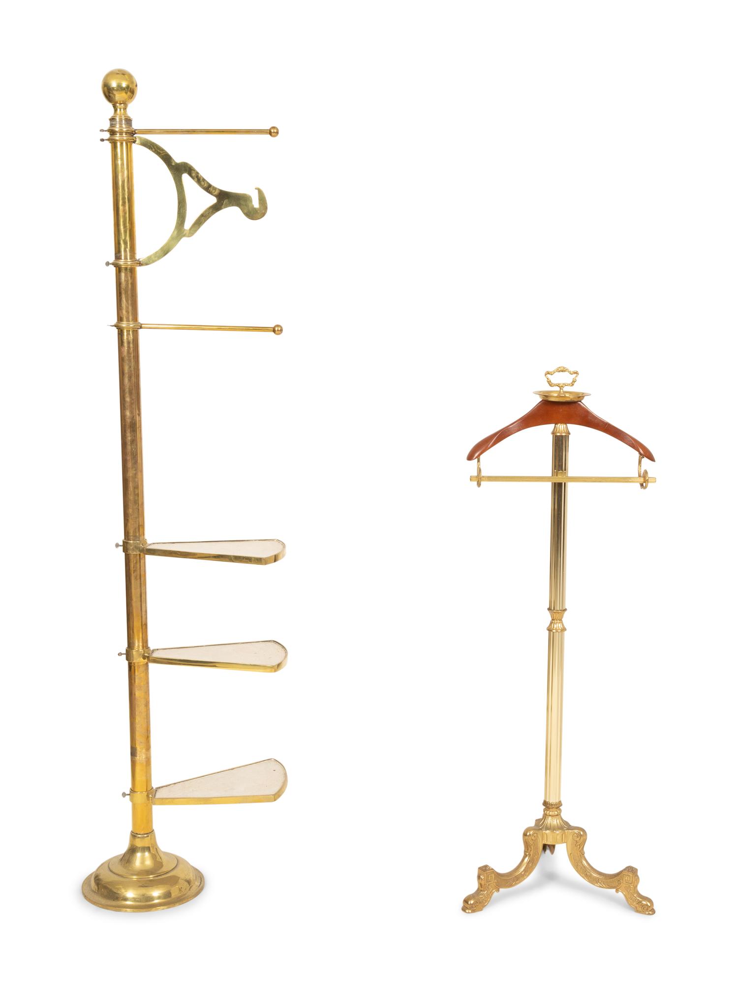 A Brass and Wood Valet Stand and a Brass Garment and Shoe Stand