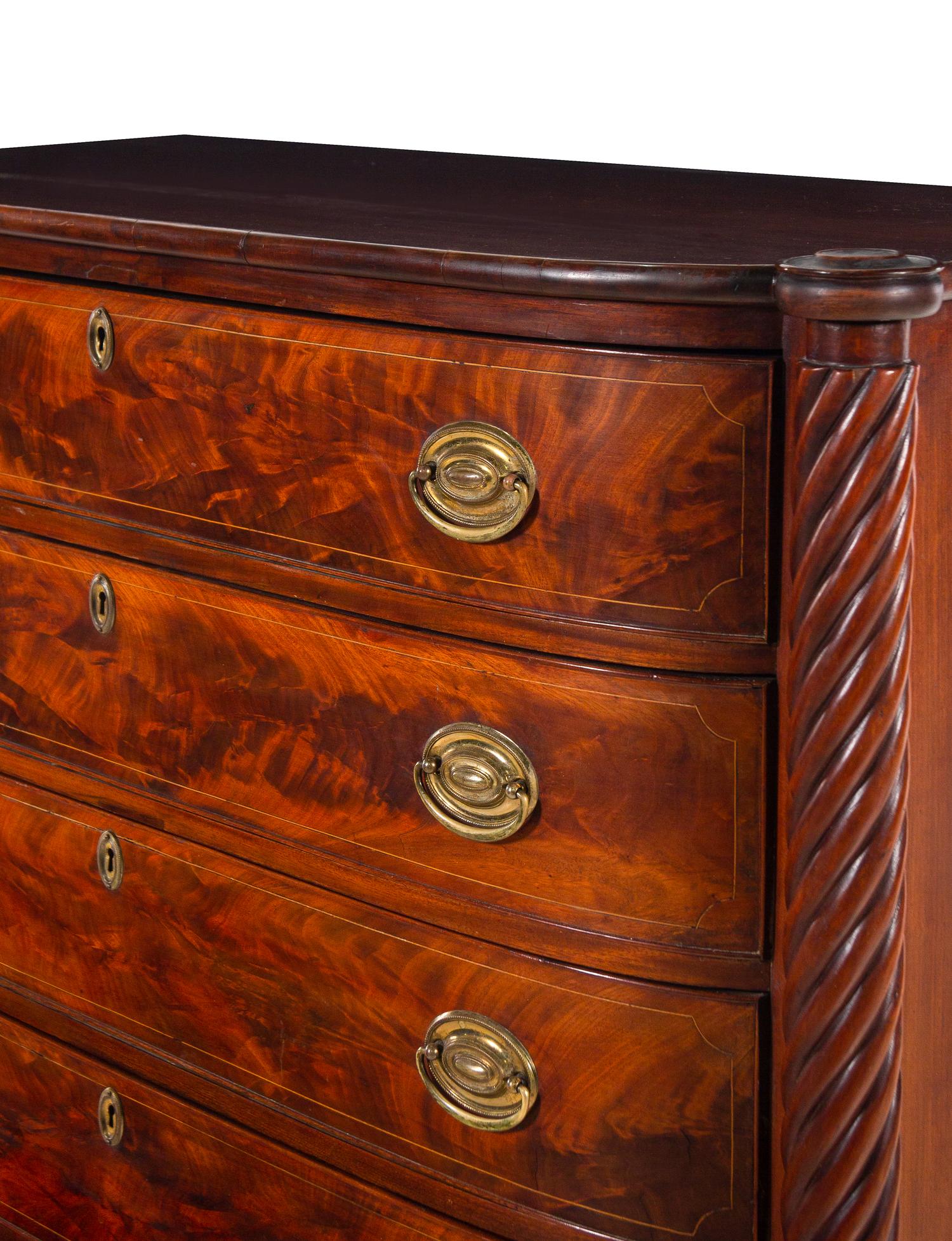 A Federal Spiral-Twist Carved Mahogany Bow Front Chest of Drawers
