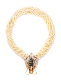 CULTURED PEARL, SAPPHIRE AND DIAMOND TORSADE NECKLACE