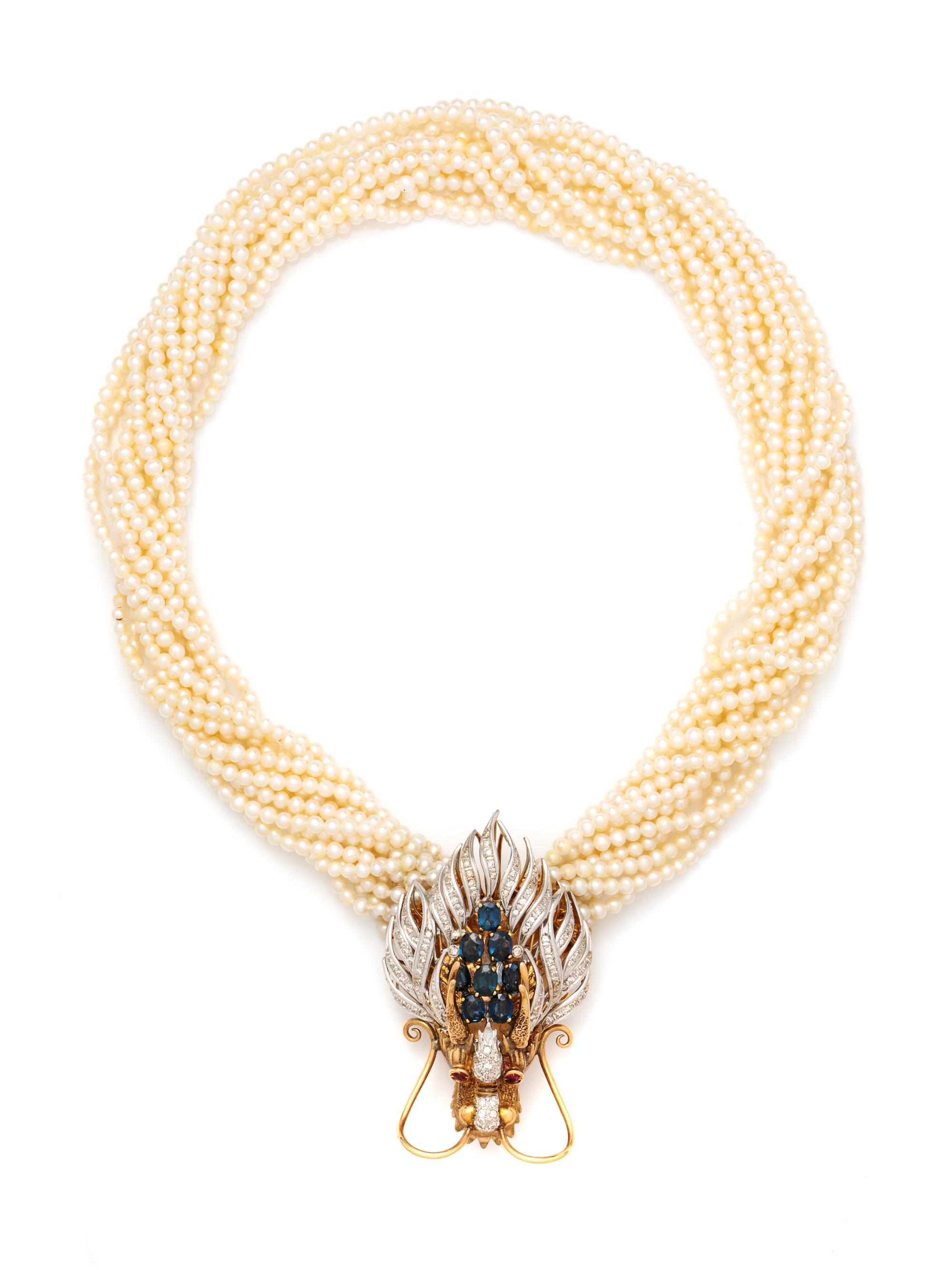 CULTURED PEARL, SAPPHIRE AND DIAMOND TORSADE NECKLACE