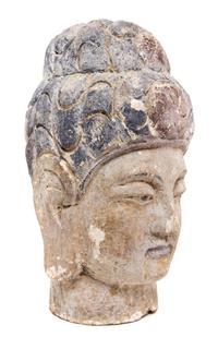 A Painted Wood Head of Buddha Height 14 inches.