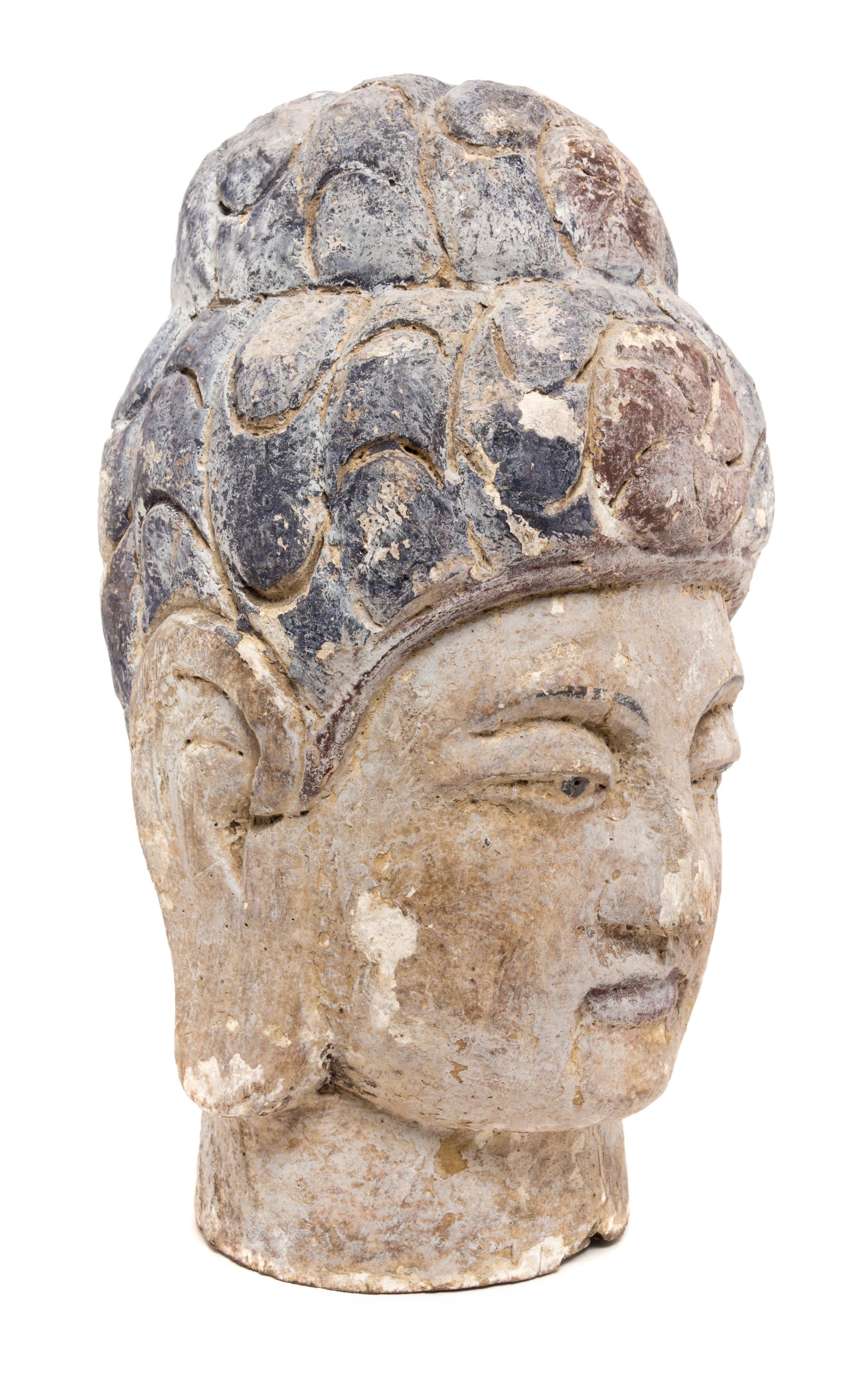 A Painted Wood Head of Buddha Height 14 inches.