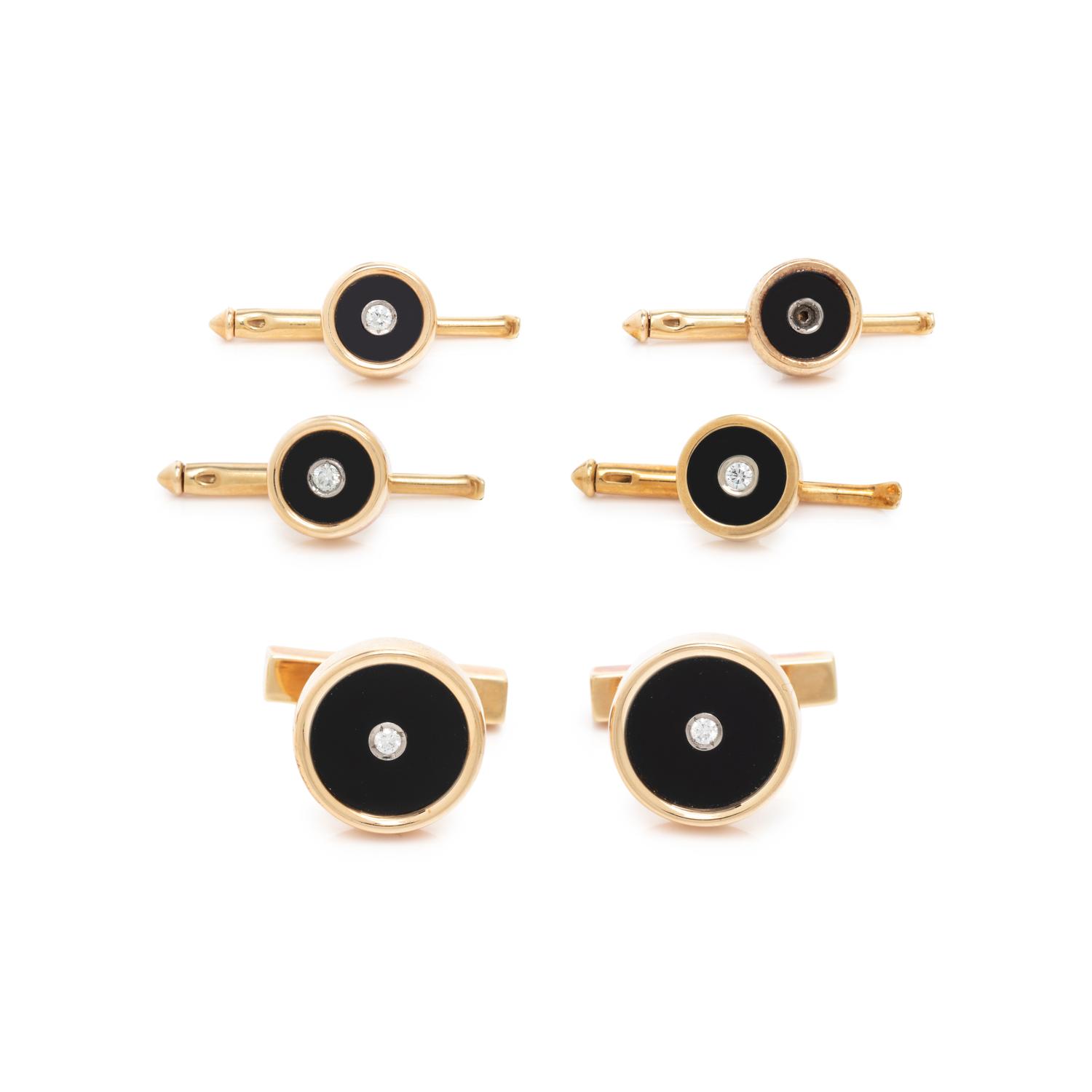 TIFFANY & CO., YELLOW GOLD, ONYX AND DIAMOND DRESS SET