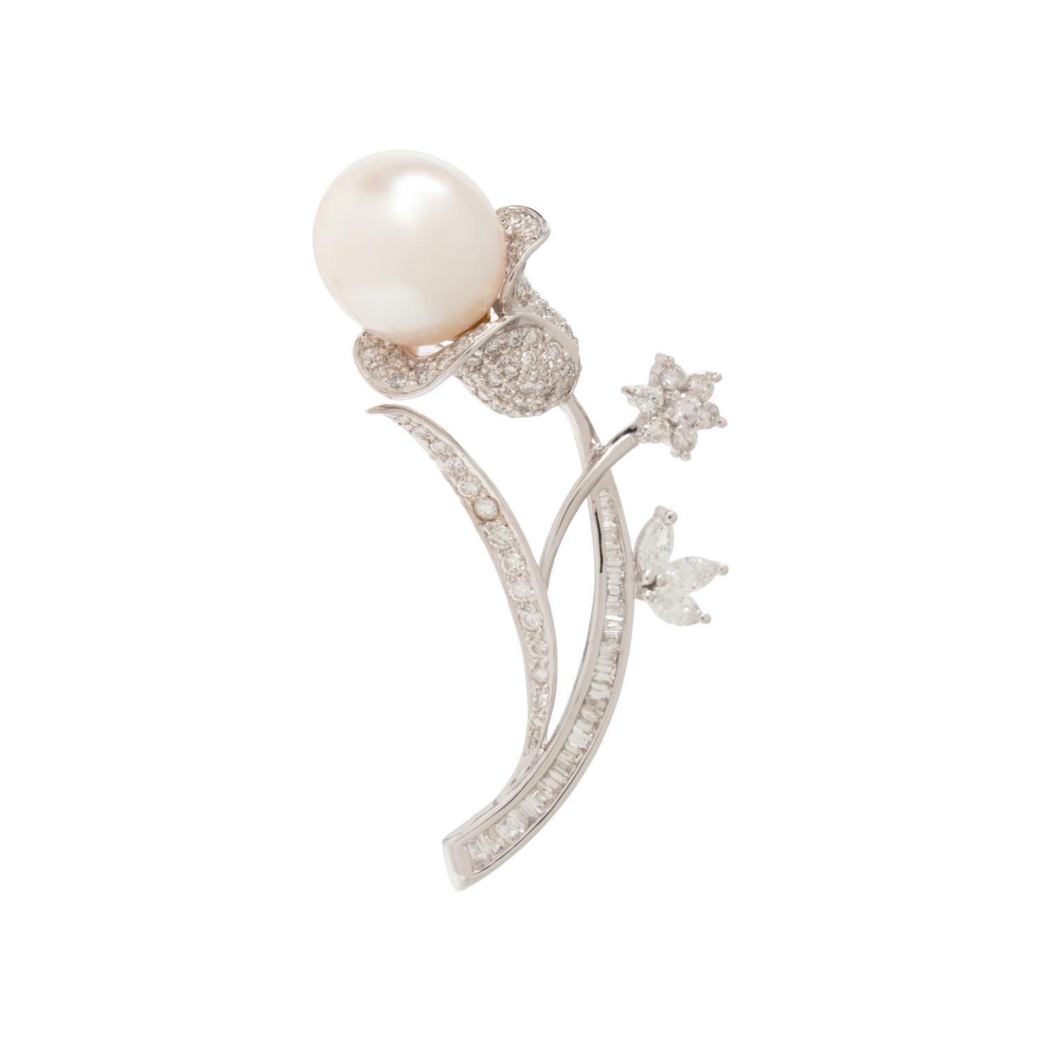 SOUTH SEA CULTURED PEARL AND DIAMOND FLOWER BROOCH