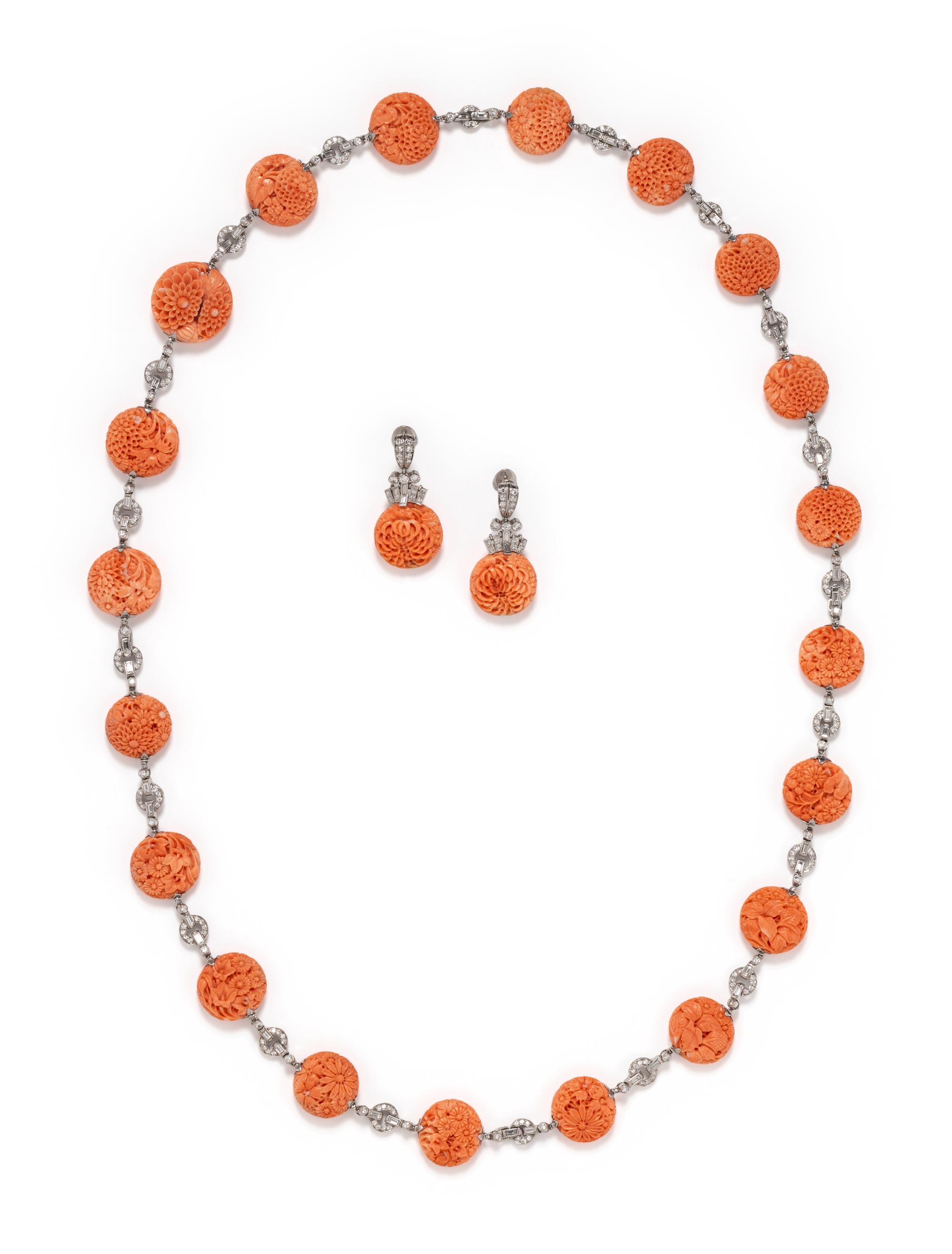 PLATINUM, DIAMOND AND CARVED CORAL CONVERTIBLE SET