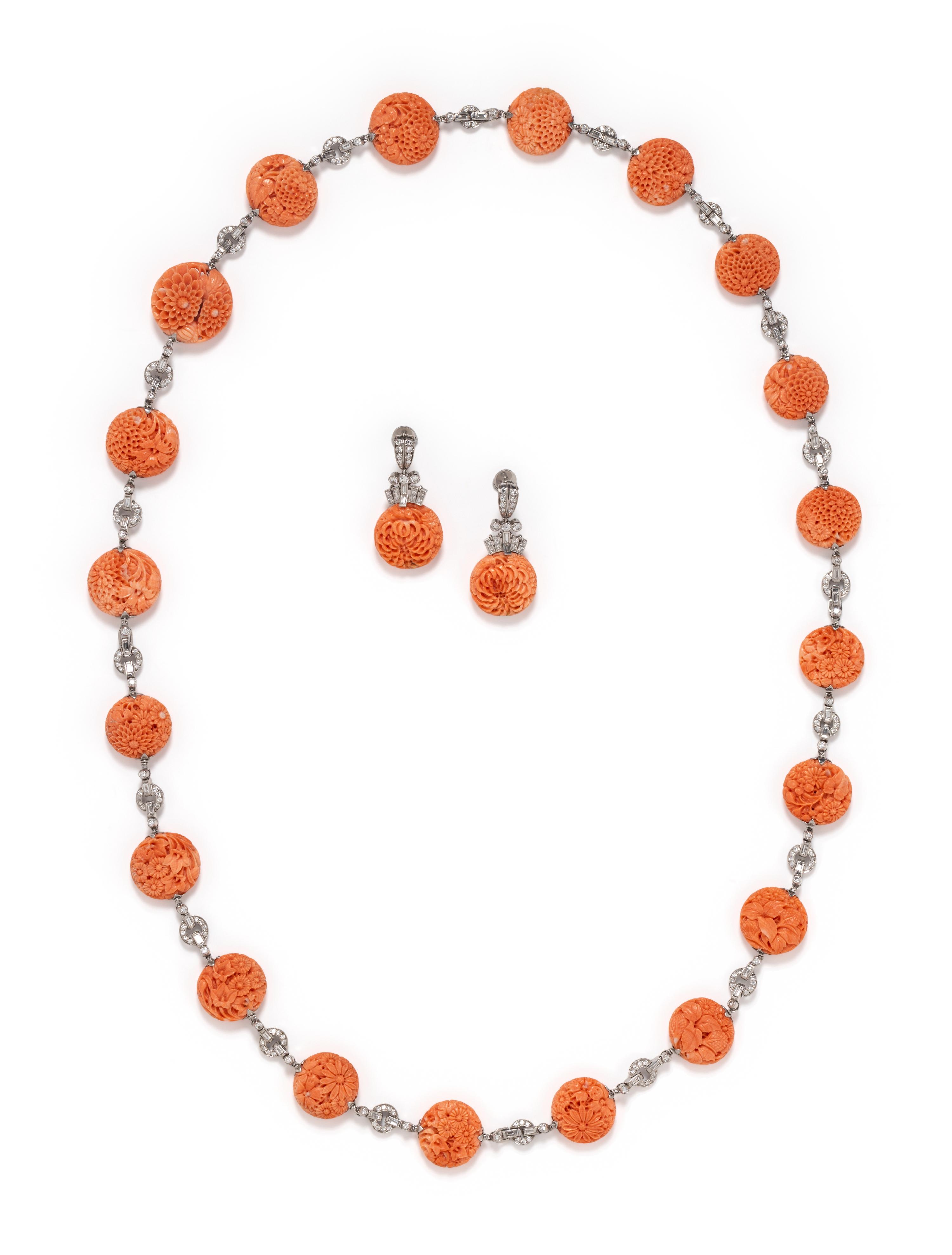 PLATINUM, DIAMOND AND CARVED CORAL CONVERTIBLE SET