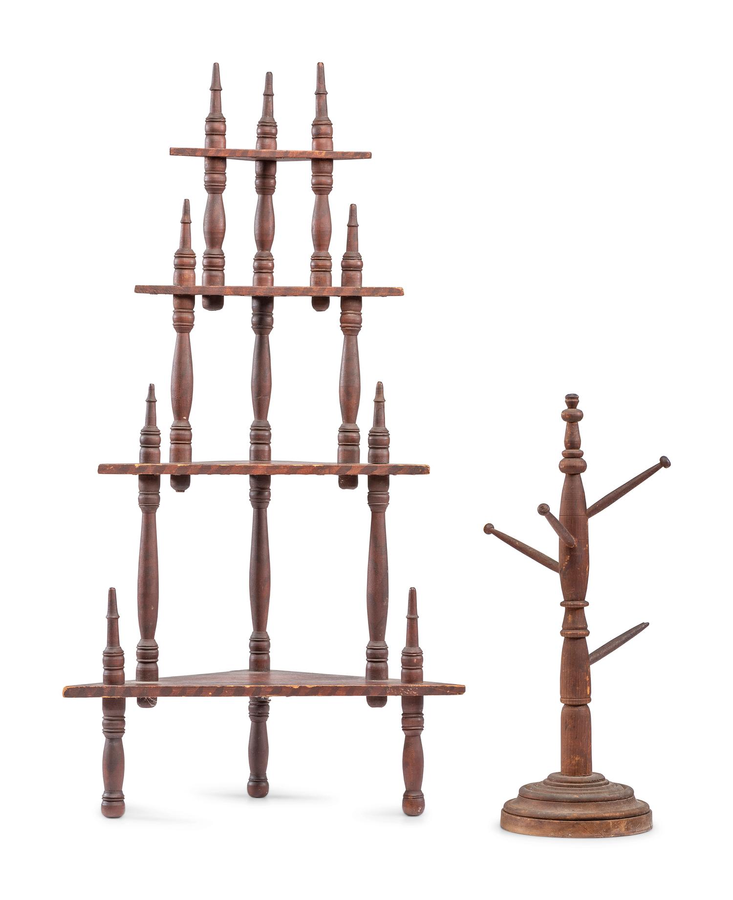 A Diminutive Tiered Paint Decorated Shelf and a Post-Form Standing Wooden Rack