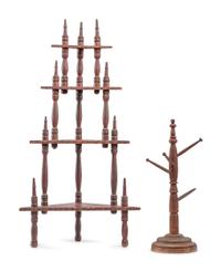 A Diminutive Tiered Paint Decorated Shelf and a Post-Form Standing Wooden Rack
