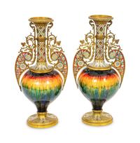 A Pair of French Gilt Bronze, Champlevé Enamel and Plique a Jour Baluster Vases