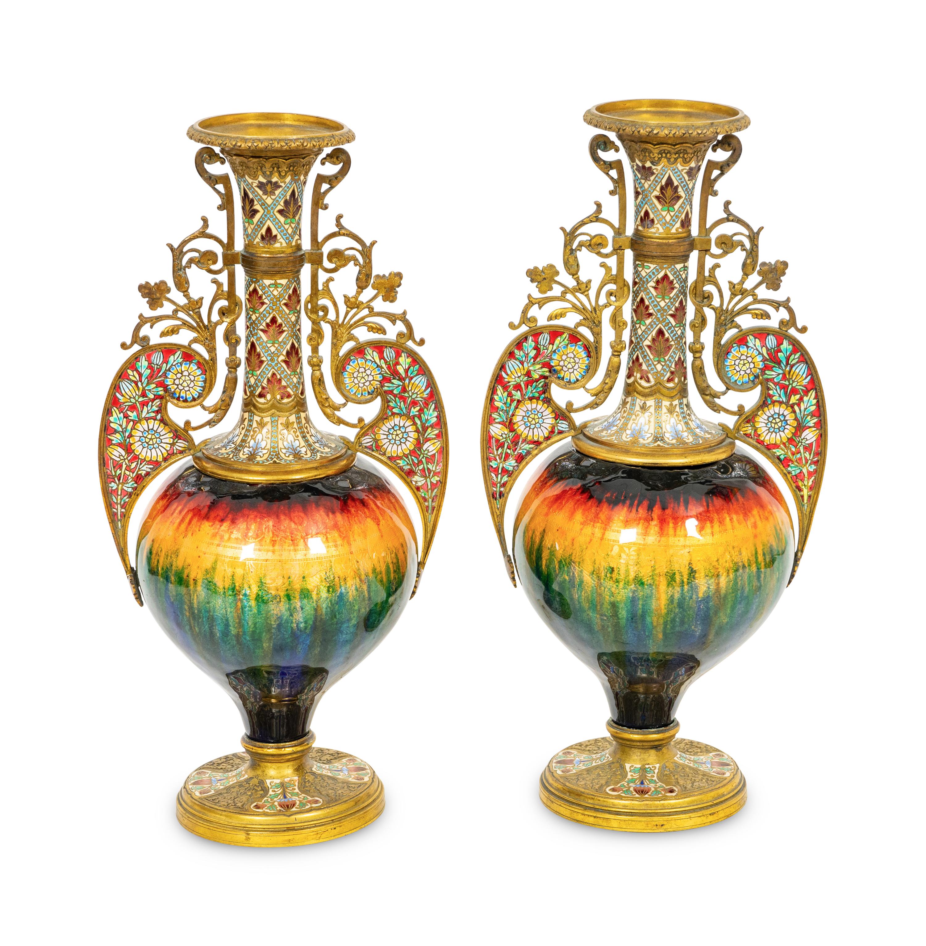 A Pair of French Gilt Bronze, Champlevé Enamel and Plique a Jour Baluster Vases