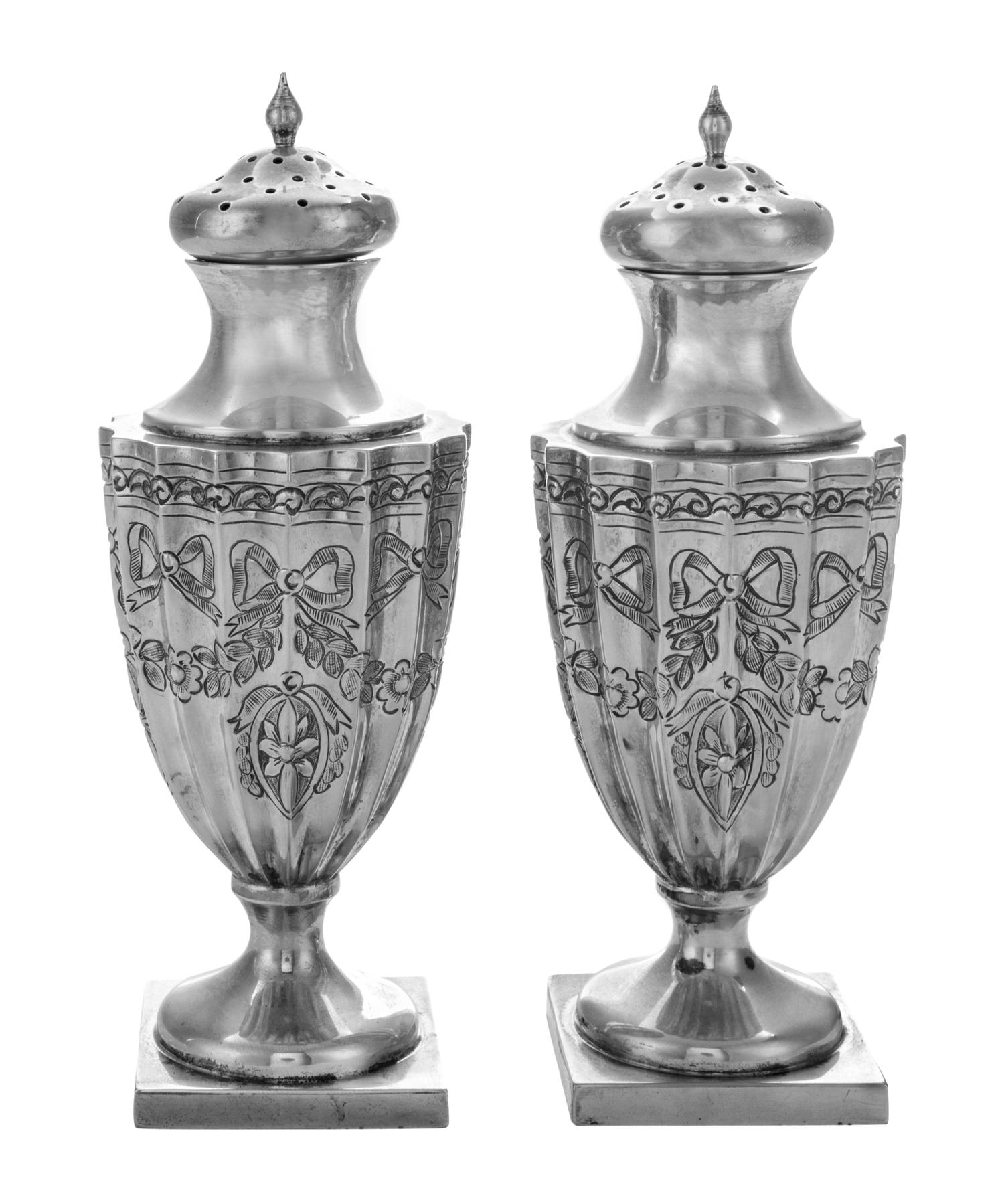 A Pair of George III Silver Casters, Richard Crossley & George Smith IV, London, 1797, each of fluted baluster form, engraved with ribb