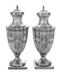 A Pair of George III Silver Casters, Richard Crossley & George Smith IV, London, 1797, each of fluted baluster form, engraved with ribb