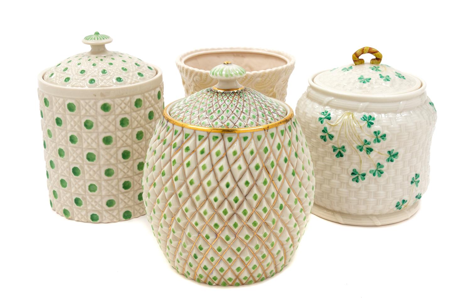 Four Belleek Biscuit Jars Height of tallest 7 1/4 inches. — SECOND BLACK MARK THROUGH SIXTH GREEN MARK (1891-1980)