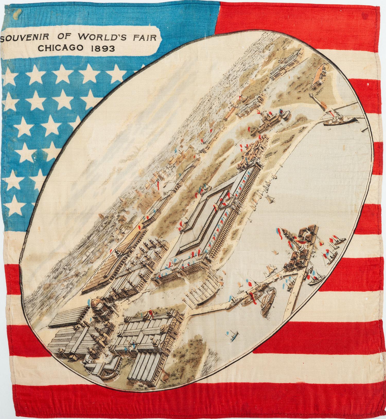 [FAIRS & EXPOS]. A group of 2 items involving Chicago World's Fairs, incl. 1893 souvenir textile and 1934 panoramic photograph.