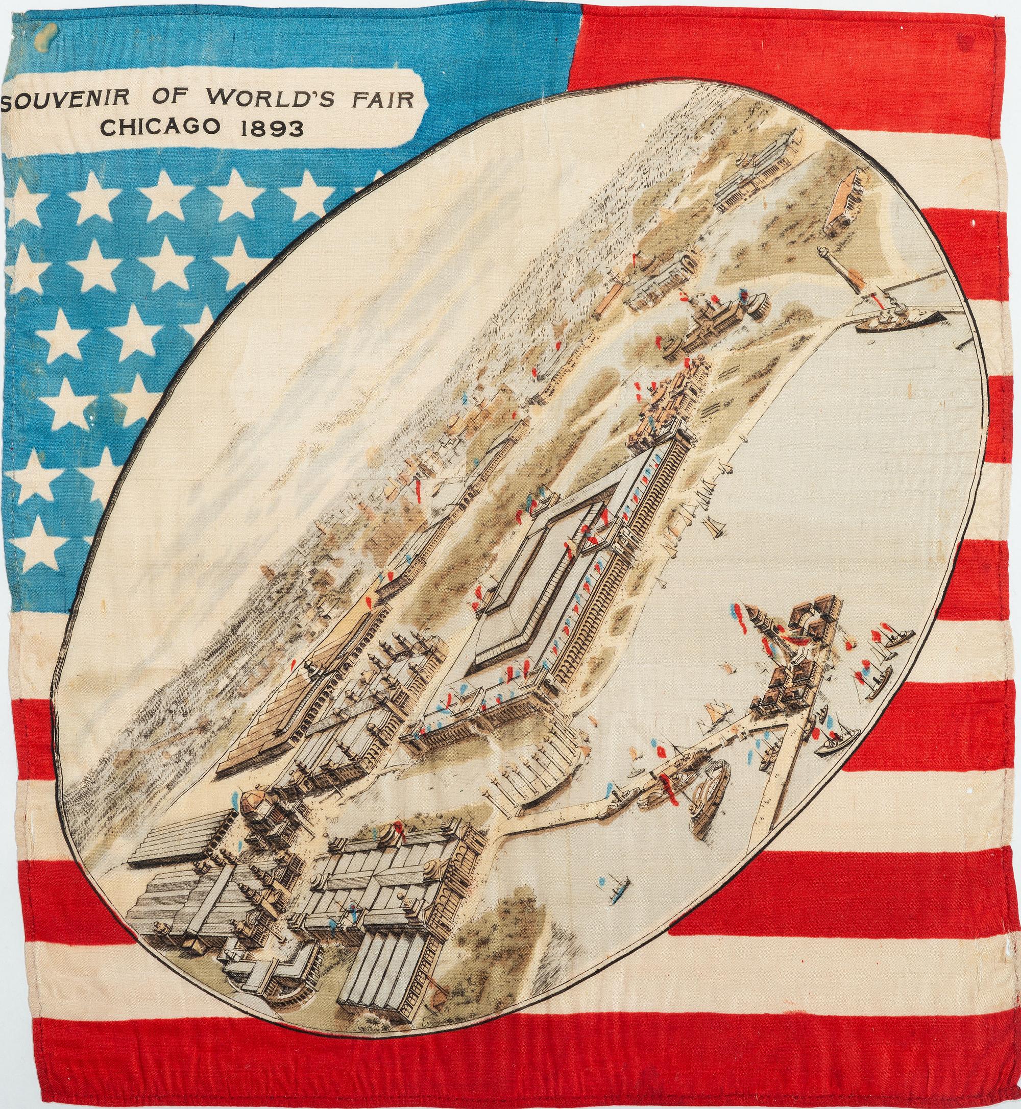 [FAIRS & EXPOS]. A group of 2 items involving Chicago World's Fairs, incl. 1893 souvenir textile and 1934 panoramic photograph.