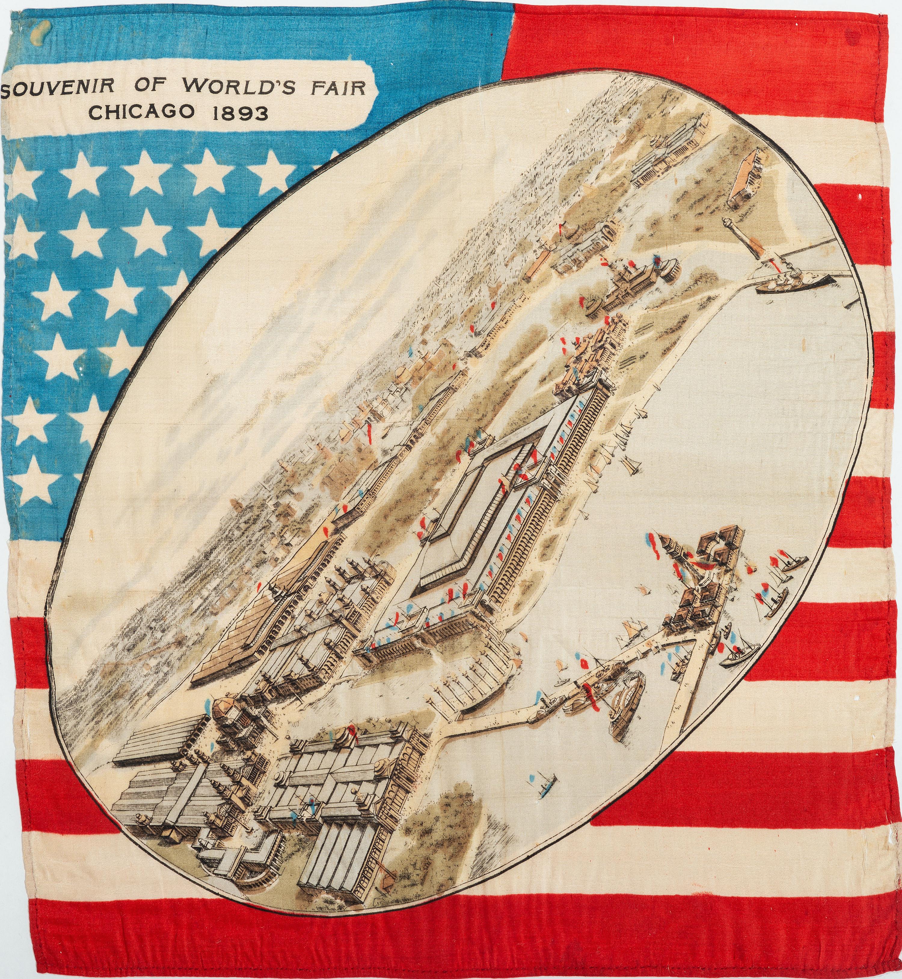 [FAIRS & EXPOS]. A group of 2 items involving Chicago World's Fairs, incl. 1893 souvenir textile and 1934 panoramic photograph.
