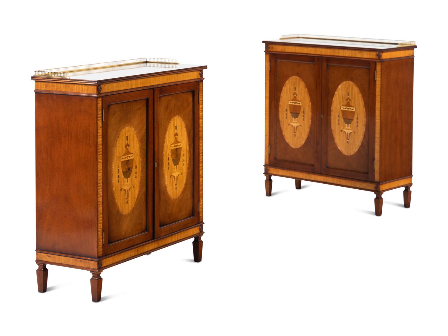 A Pair of Edwardian Style Mahogany, Satinwood and Marquetry Cabinets