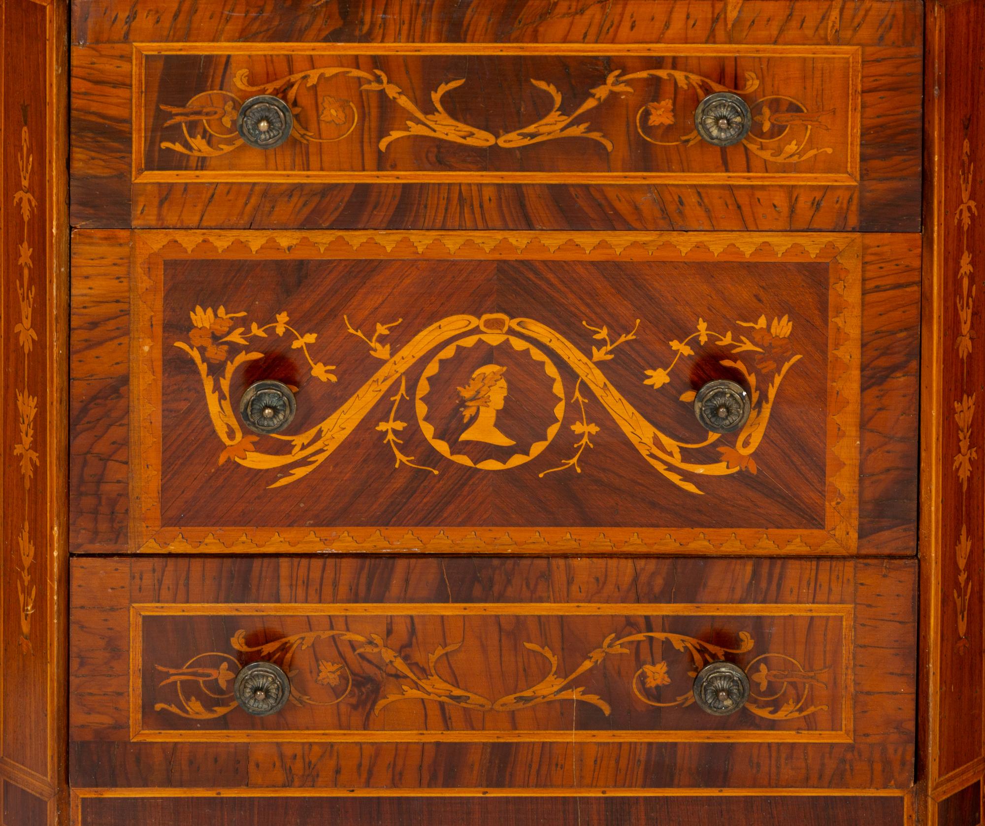 A Pair of Italian Neoclassical Walnut and Marquetry Commodini in the Manner of Maggiolini