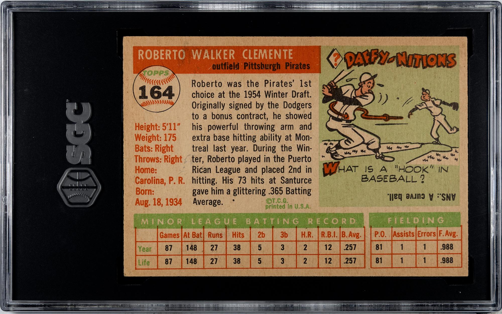 A 1955 Topps Roberto Clemente Rookie Baseball Card No. 164 (SGC 6 EX/NM)