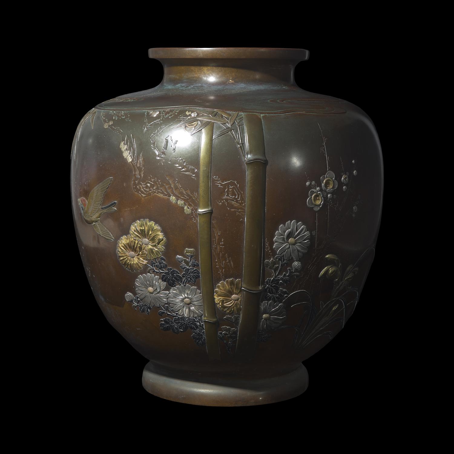 A Large Japanese Mixed-Metal 'Birds, Chrysanthemums and Bamboo' Vase, Meiji/Taisho Period 日本明治/大正時代 銅嵌銀鎏金花鳥圖罐