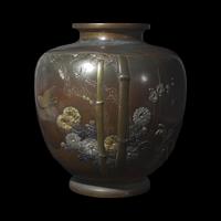 A Large Japanese Mixed-Metal 'Birds, Chrysanthemums and Bamboo' Vase, Meiji/Taisho Period 日本明治/大正時代 銅嵌銀鎏金花鳥圖罐