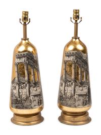 A Pair of Decoupaged Glass Table Lamps in the Style of Fornasetti